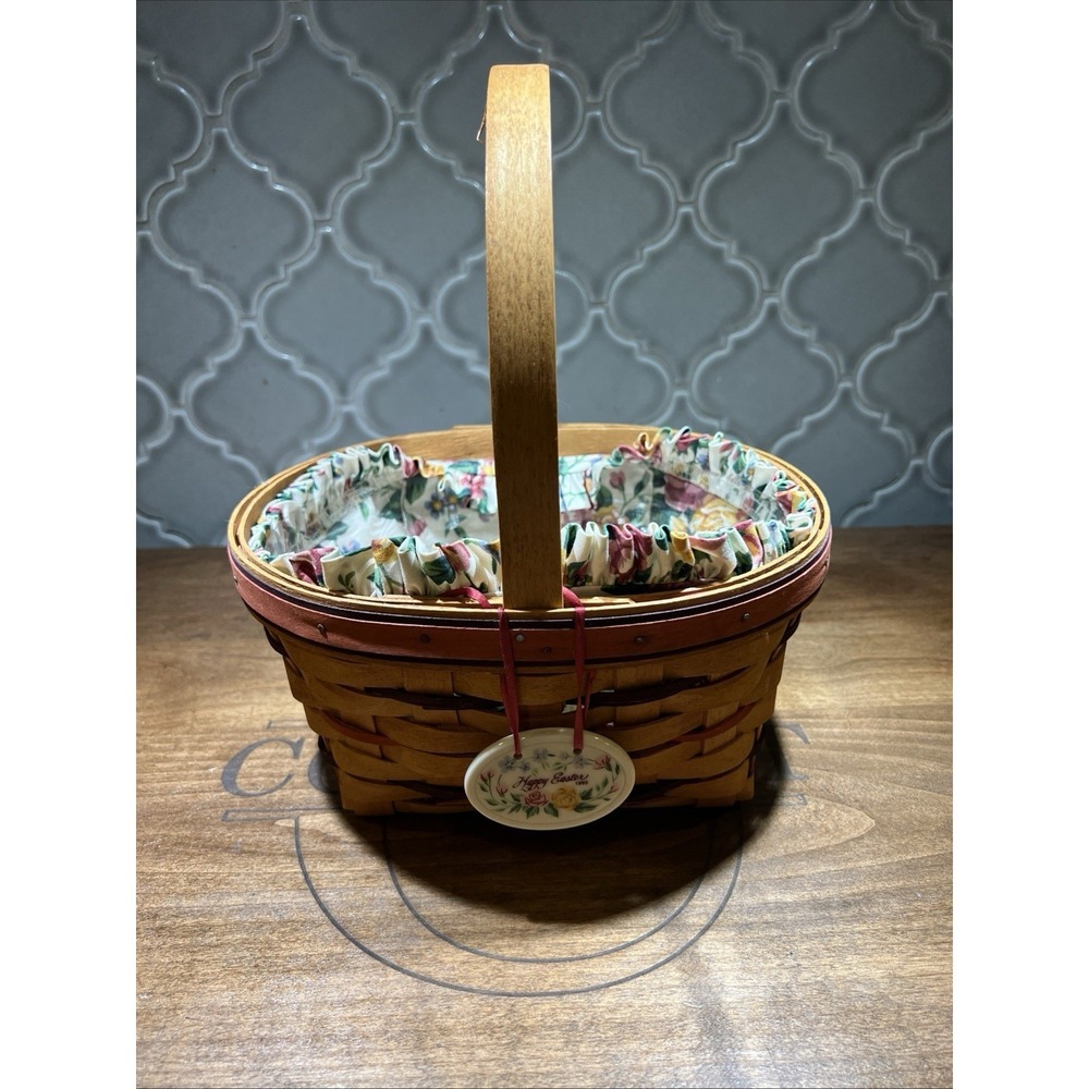 Longaberger Easter Basket 1995 With Floral Liner And Plastic Protector